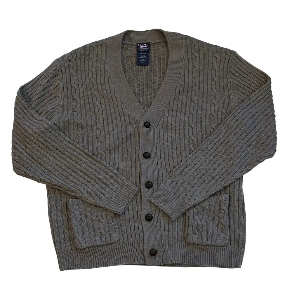 John Blair Sweater Mens Sz Large Gray Cardigan Cable Knit pockets Grandpa *READ*